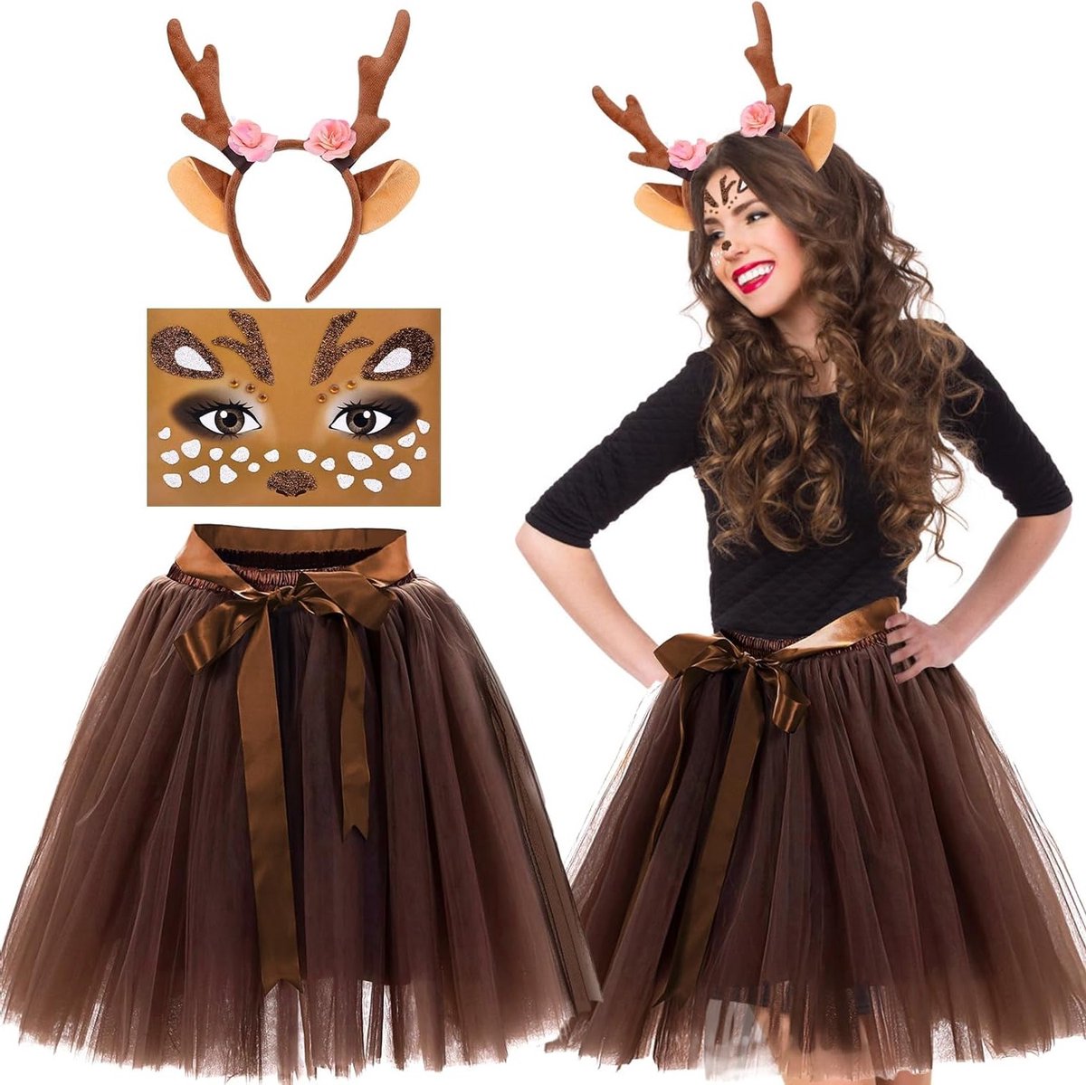 Vrouwen Kerstkostuum met Hertenkopband, Hertstaarten, Tutu Rok en Tatoeages voor Halloween en Cosplay - 5 Delige Set