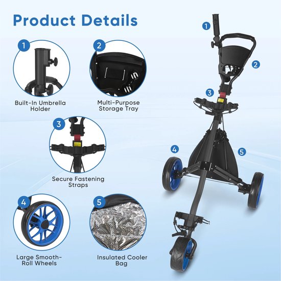 Linkforu - Stevige Golftrolley - Opvouwbare Golfkar - Golfcaddy - Aluminium golfduwkar - met Parapluhouder - 3 Wieler van Merkloos — afbeelding 2