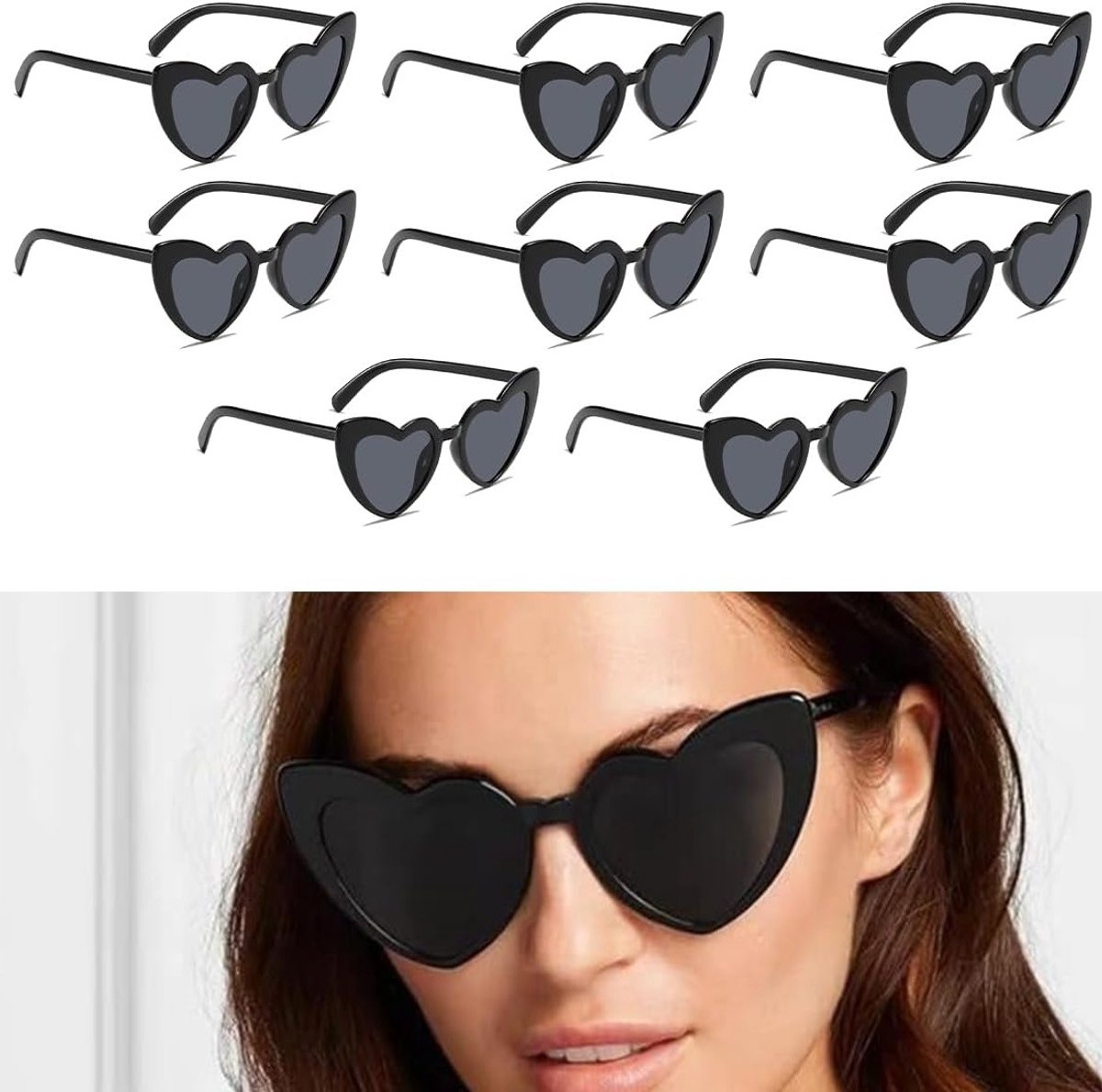 Set van 8 vintage hartvormige zonnebrillen voor vrouwen, perfect voor feesten, Halloween en bruiloften - plastic, zwart, retro stijl