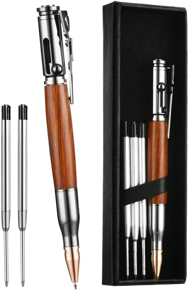 Stijlvolle en Lichtgewicht Balpen met Gift Box, Inklapbare Pen, 5 Navullingen, Perfect voor Kantoor, School en Cadeaus voor Vrienden en Familie (Houtlook)