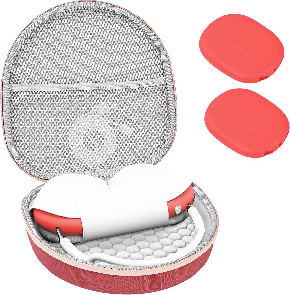 Draagbare Hoofdtelefoon Hard Case voor AirPods Max, Bescherming met Siliconen Oorkussens en Opbergruimte - Rood, Ideaal voor Reizen en Opslag