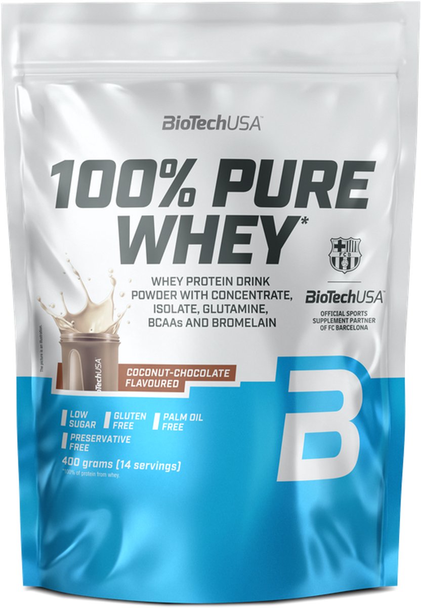 BioTechUSA 100% Pure Whey | Eiwitpoeder met BCAA en Glutamine | Glutenvrij, Palmolievrij | 21g Eiwit per portie, 400 g, Kokos-Chocolade