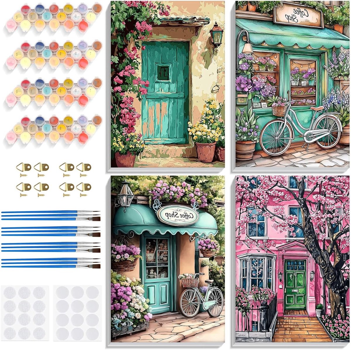 4 Pack Schilderen op Nummer voor Volwassenen, Landschap Schilderkit voor Beginners, Eenvoudige DIY Acrylverf Set voor Creatieve Vrijetijdsbesteding