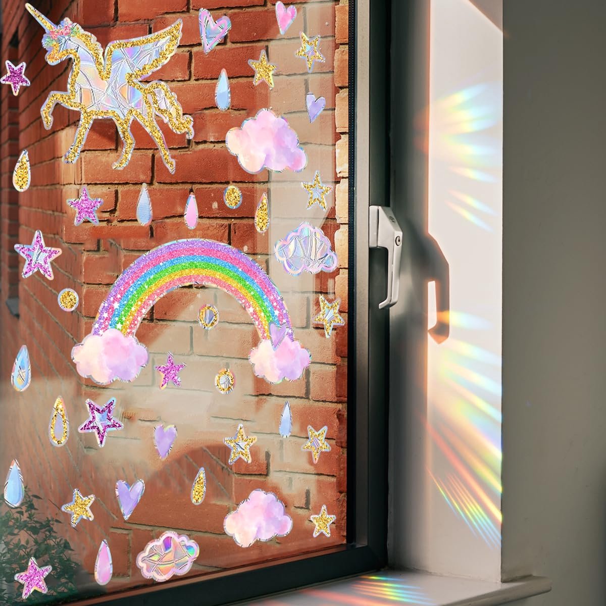 Cyslmuk Regenboog Eenhoorn raamstickers, statische regenboogstickers voor op het glas, wolkvormige stickers, anti-botsingsstickers met vogels, raamdecoratie voor keuken, eetkamer en slaapkamer| Cyslmuk® 2 vellen 30*40cm