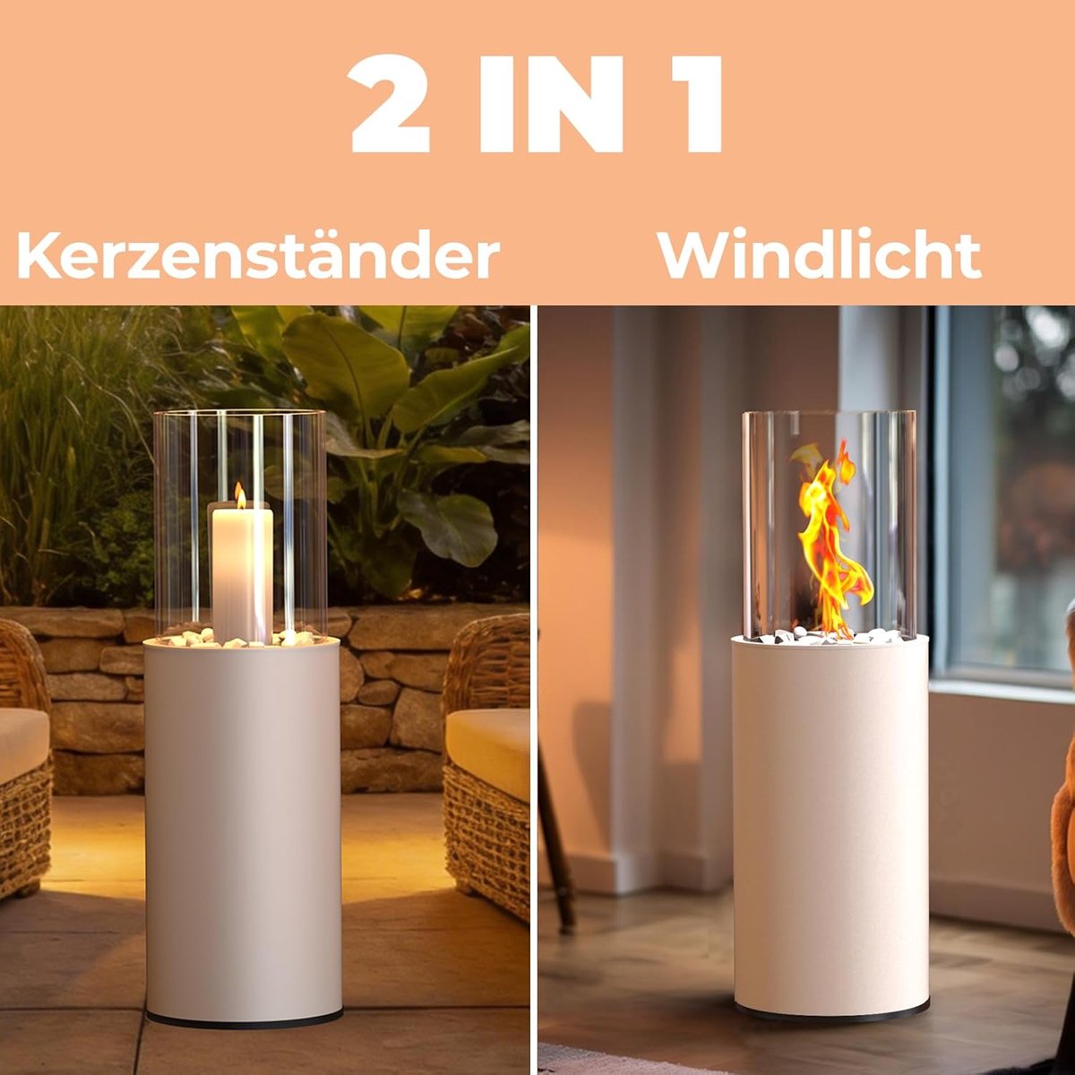 Staande open haard 81 cm 2-in-1 windlicht zuil Wit – abtkantoor luxe glazen vuurzuil binnen & buiten met decoratieve stenen, rookvrije bio ethanol sfeerhaard, tuin & balkon decoratie