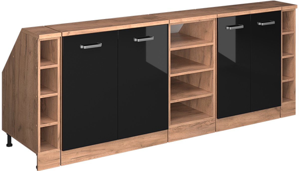 Vicco R-Line Keukenkast voor schuine wand – 210 cm Set van 5 kastrompen 60 cm diepte Zwart hoogglans Zwart hoogglans/Goudkleurig Eiken