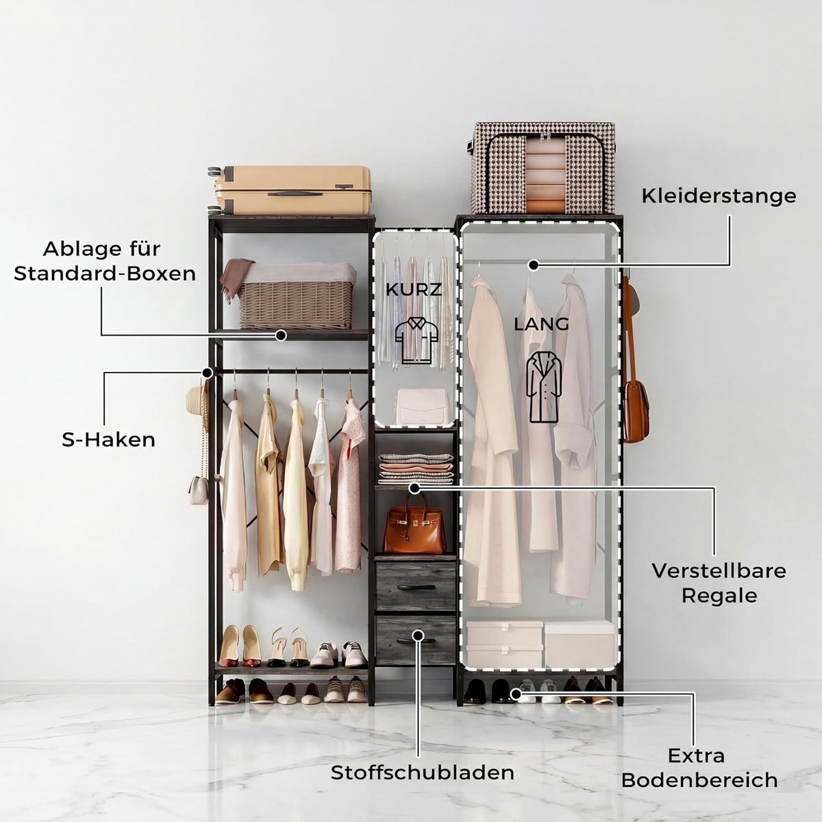 Open Kledingkast – Industriële Garderobekast met 3 Kledingstangen, Laden en Verstelbare Planken – Groot Kledingrek Metaal & Hout 150x38x180 cm – Inclusief S-haken – Eiken Donkergrijs – abtkantoor