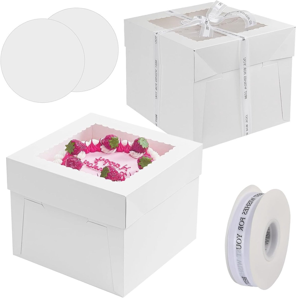 Set van 2 Taartdozen met Schaal, 25,4 x 25,4 x 20,3 cm, Witte Kartonnen Dozen met Venster voor Verjaardag, Feest en Bruiloft