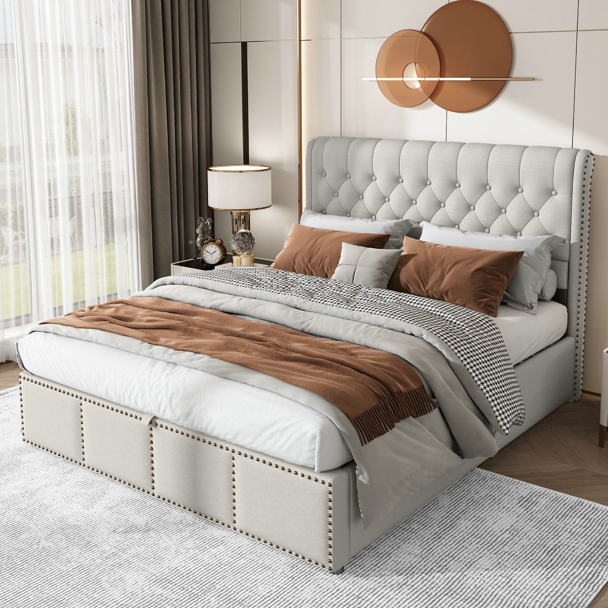 VVBV Bed met opbergruimte 140x200 / Gestoffeerd bed 140x200 / Tweepersoonsbed 140x200 – Linnen – Grijs – Zonder Matras – met Lattenbodem