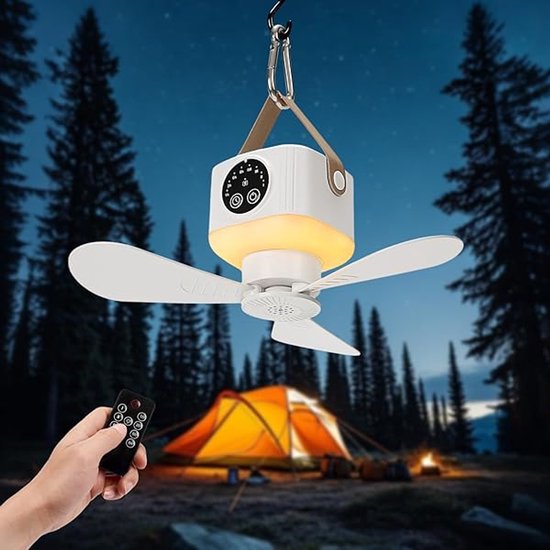 Draagbare tentventilator met 4 snelheden, stil, dimbaar LED licht, 7200mAh batterij, afstandsbediening, timer