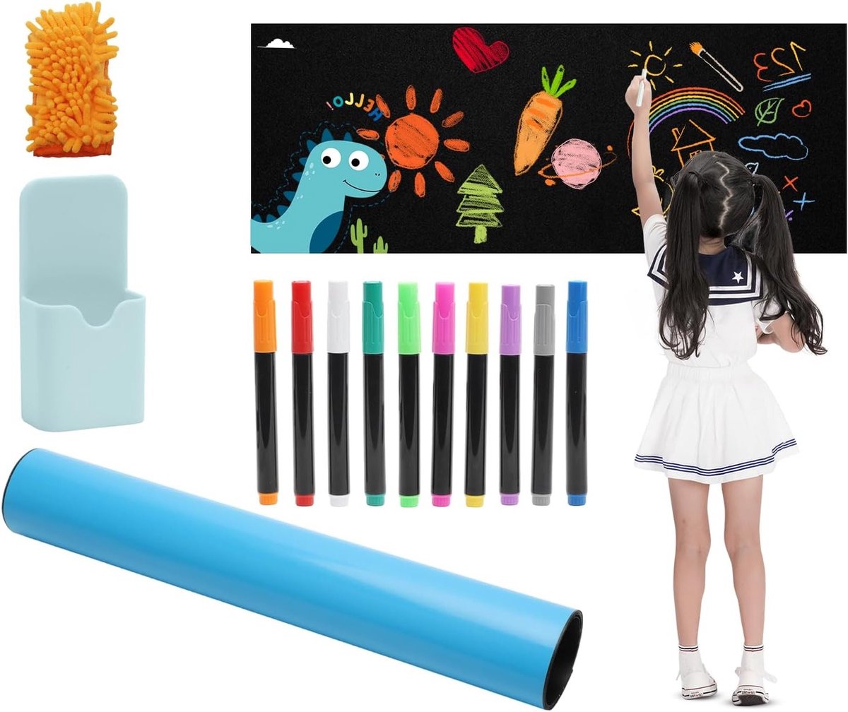 Zelfklevende Magnetische Bordfolie 43 x 120 cm - Zwarte Wasbare Krijtfolie met 10 Vloeibare Krijtjes voor Thuis, Kinderen en Kantoor - Perfect voor Tekenen en Leren
