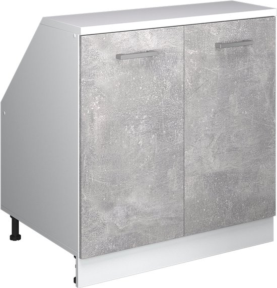 Grijze kast met betonnen deuren en witte ombouw, op korte pootjes.