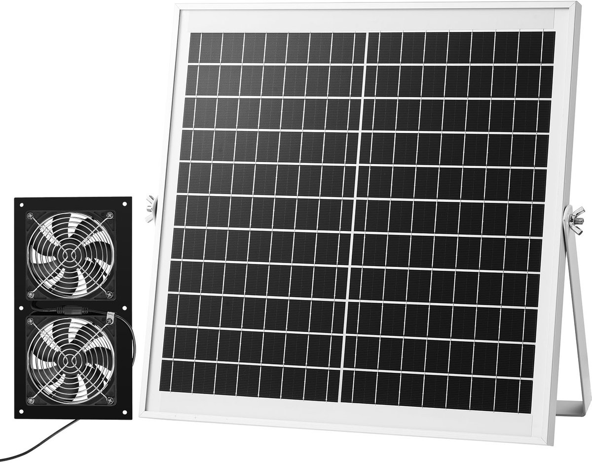 VEVOR 15w Solarventilator, 12V Zonnepaneel met Dubbele Ventilator, Max. 2668 Rpm, Zonneventilator voor Een Luchtstroom van 408 M³/H, 5 M/S, Op Zonne-energie Werkende Afzuigventilator voor Kleine Kippenhokken en Kassen