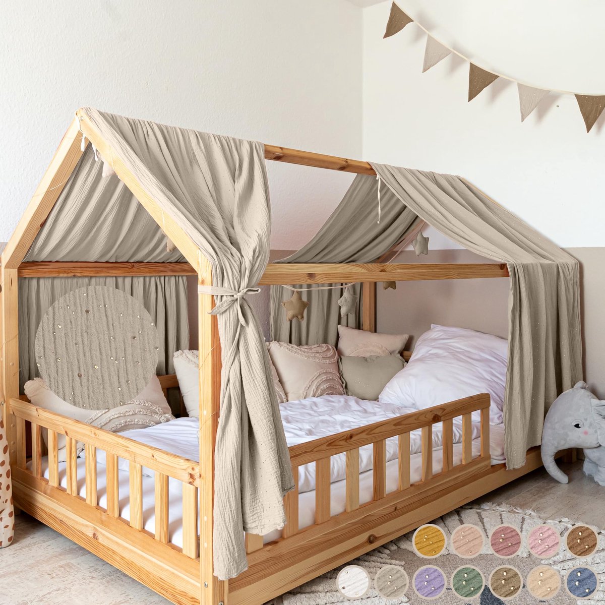LILIMAUS Huisbed hemeltje met gouden details - bedhemel voor huisbed - 135 x 320 cm - mousseline katoen - lichtbeige