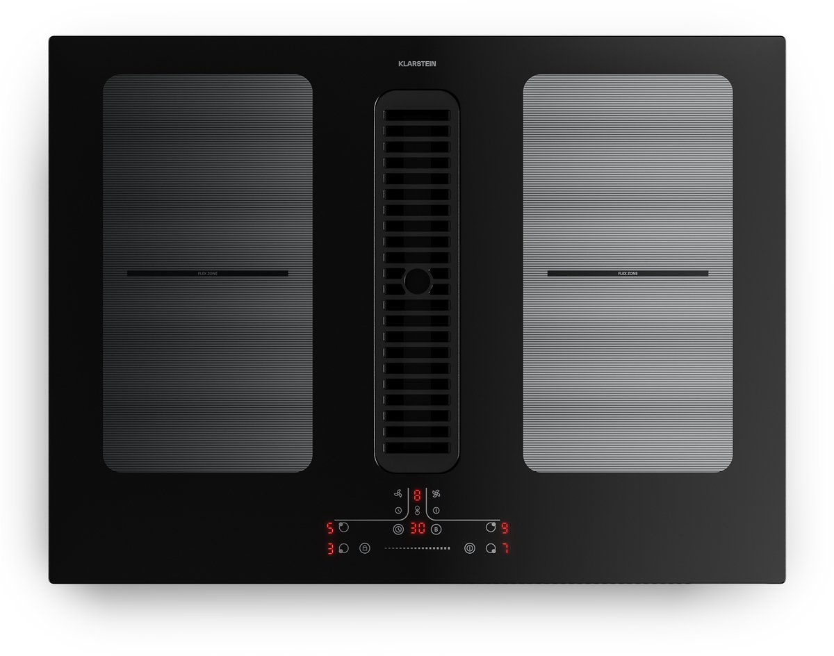 Klarstein Inductiekookplaat Full House met afzuiging - 70 cm, 4 zones, flexzones, 7335 W boost, geïntegreerde downdraft afzuiging 530.1m³/h, touch control, timer, kinderslot, glaskeramiek, inbouw, zwart - Induction Hob