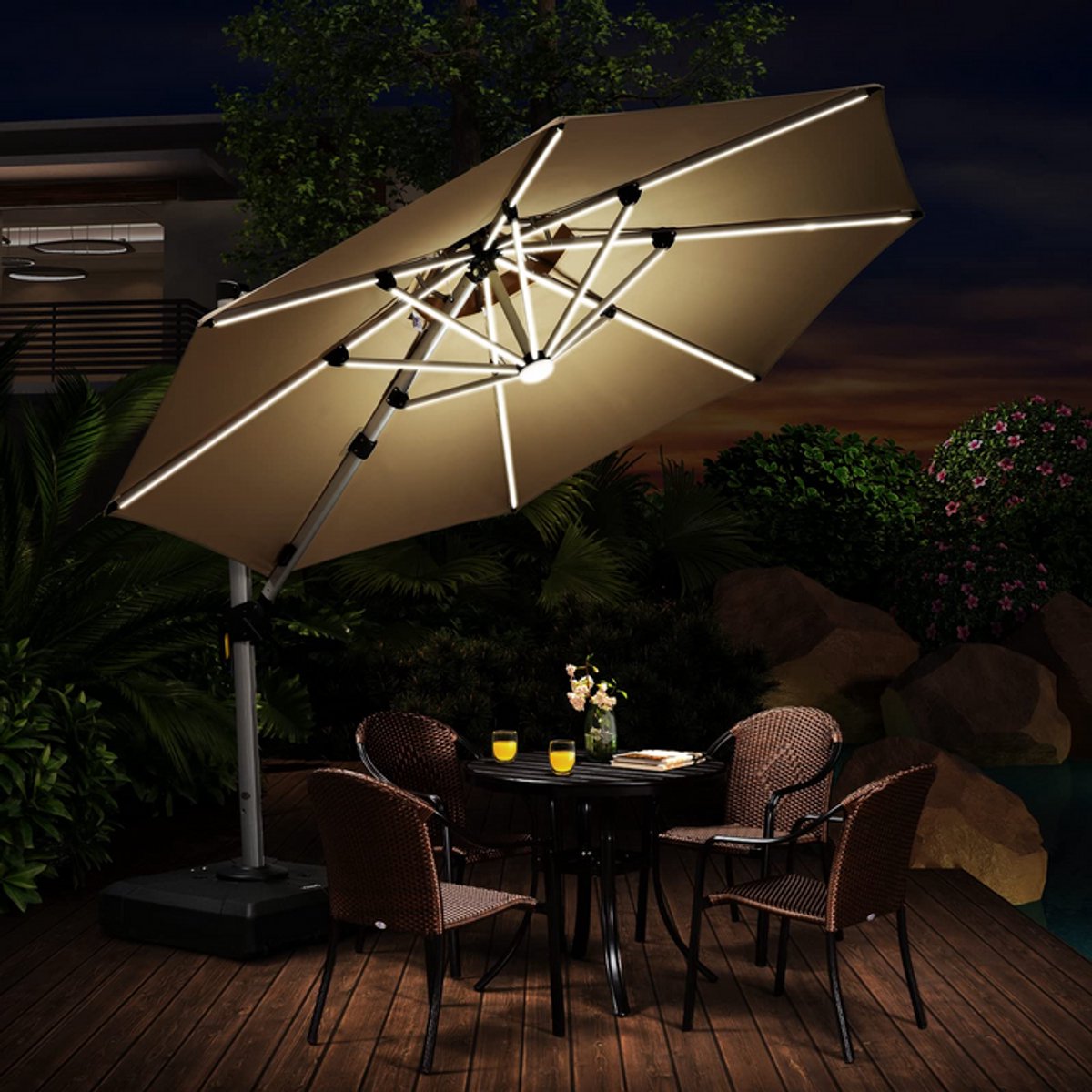 Purple Leaf Parasol déporté rond avec éclairage LED Ø300 cm - Kaki