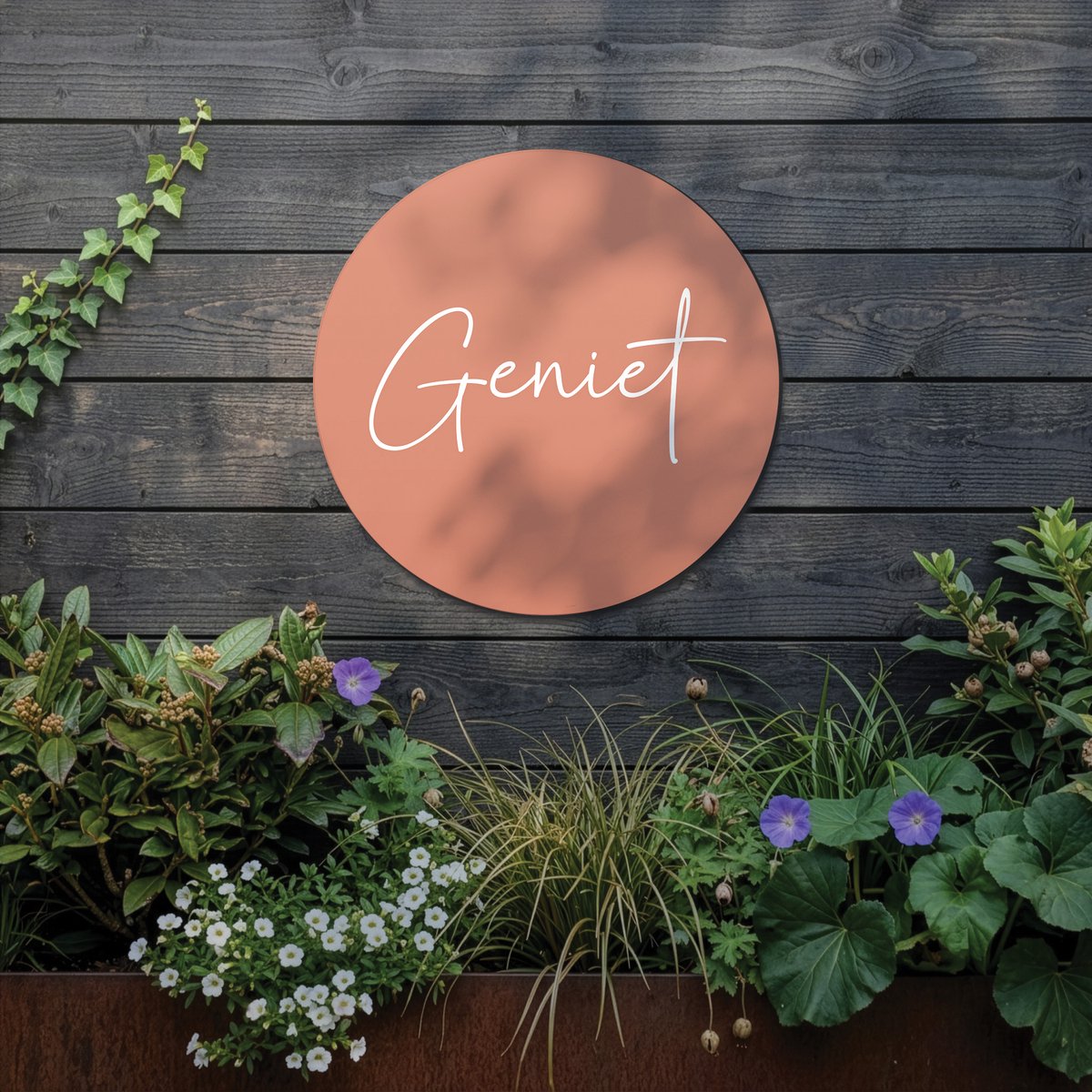 Tuincirkel Geniet - Oranje - Wandbord - 25cm - Wanddecoratie voor Buiten - UV- en Waterbestendig