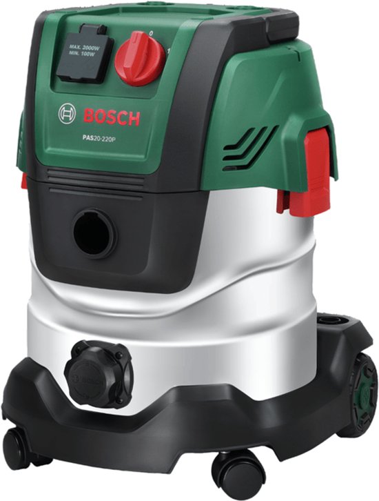 Groene en zilveren Bosch PAS 20-220P stofzuiger met rode draaiknop en zwarte wielen.