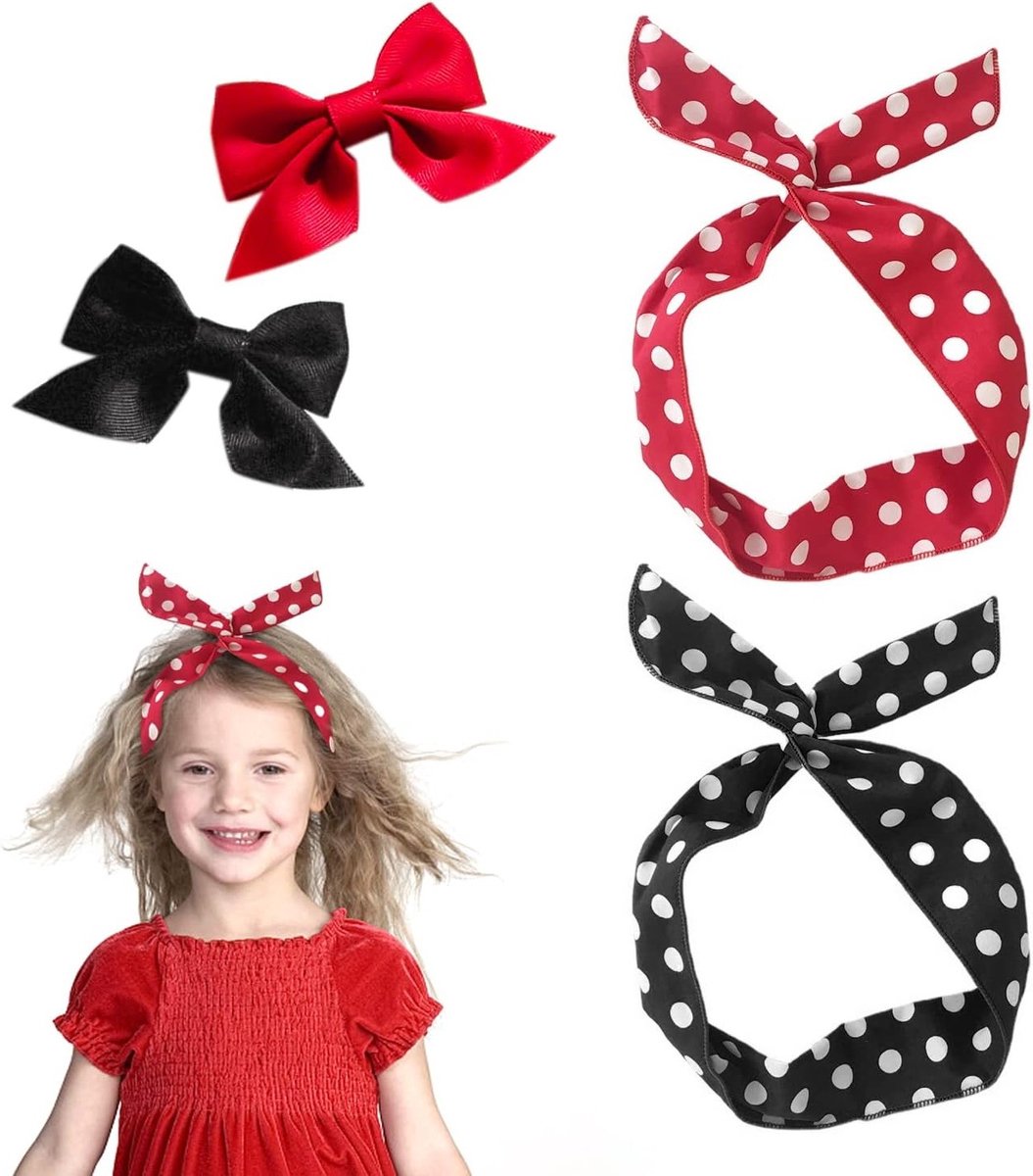 Schattige gestippelde haarbanden met strik haarspelden, retro klassieke dames hoofddoeken, buigzaam en veelzijdig (rood, zwart)