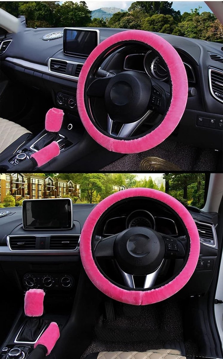 Pluche Stuurwielhoes Set van 3 met Handrem- en Versnellingspookhoes - Warme Winterbescherming voor Stuurwiel - Auto-accessoires voor Vrouwen, Roze