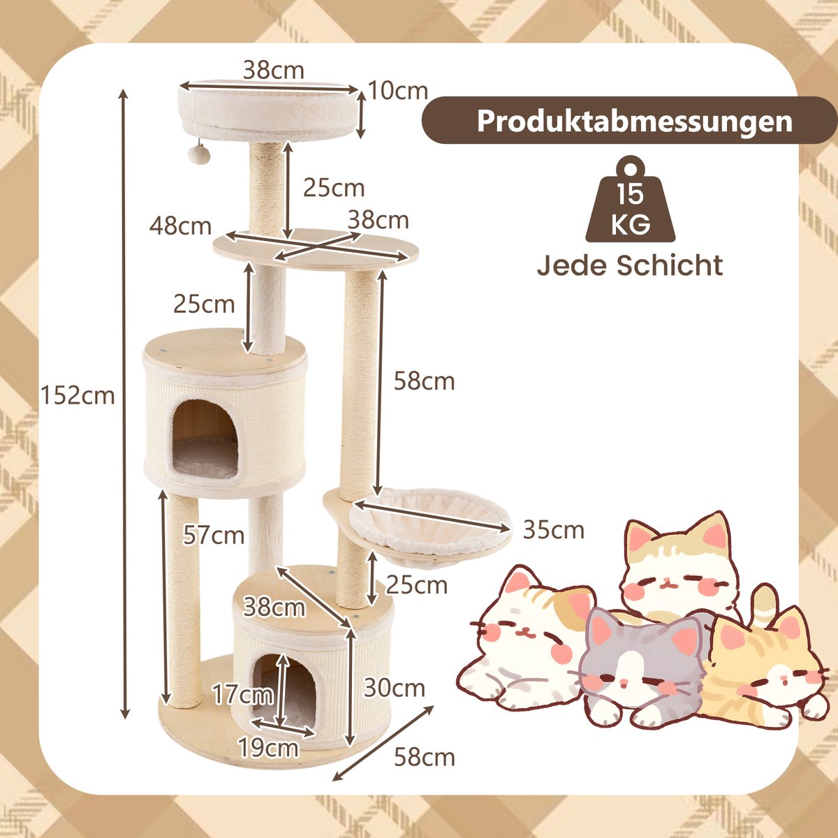 COSTWAY Krabpaal groot, kattenboom met 2 kattenholletjes, mand, sisal-krabpalen, speelbal & platform, kattenkrabpaal katten, kattenmeubel, klimboom, activiteitsboom, hout, natuur, 152 cm hoog – foto 4