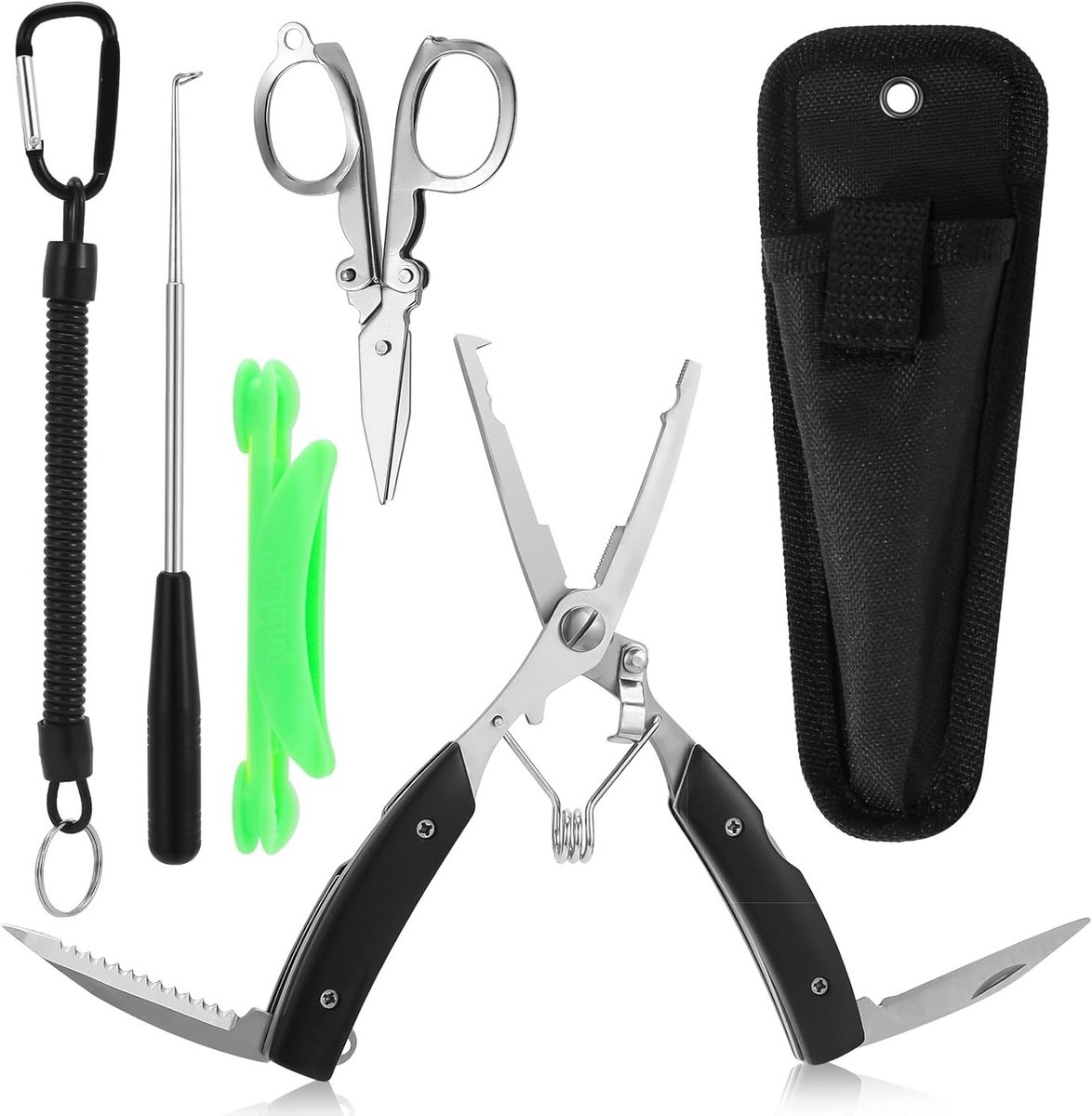 6-delige multifunctionele set voor vissers met haakverwijderaar, opvouwbare schaar en accessoires voor het vissen op haken en splitringen