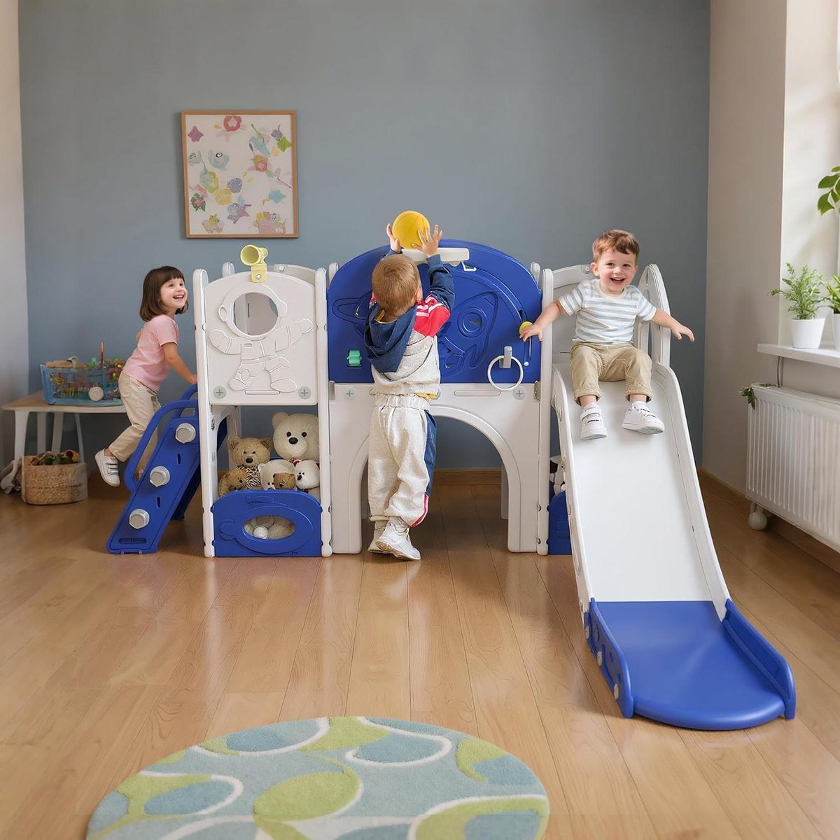Kinderglijbaan met Klimladder - Speeltoestel Binnen Buiten - Actief Spelen - 8-in-1 Speelparadijs - 172x154x94cm - Blauw Wit