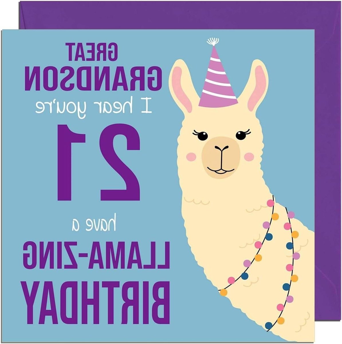Verjaardagskaart Lama - Grappige Wenskaart - Achterkleinzoon Feliciteren - Gedrukt op 350gsm Karton - 145 x 145 mm - Meerkleurig