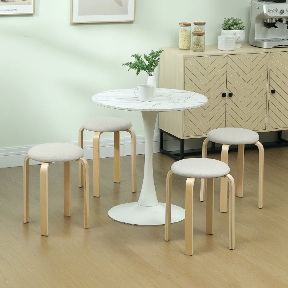 Wishdor Set Van 4 Stapelbare Eetkamerkrukken - Rond En Ruimtebesparend - Modern Ontwerp - Voor Eethoek Of Woonkamer - Hout Met Zitting Van Stof In Linnenlook - Crèmewit - 40 X 40 X 45 Cm Crèmekleurig