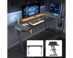 Froadp Gamingtafel 120 x 60 cm LED-gamingbureau Stevige computertafel PC-tafel Zwart met bekerhouder & koolstofvezelcoating 2 kabeldoorvoeren Gamertafel Gaming-bureautafel met LED