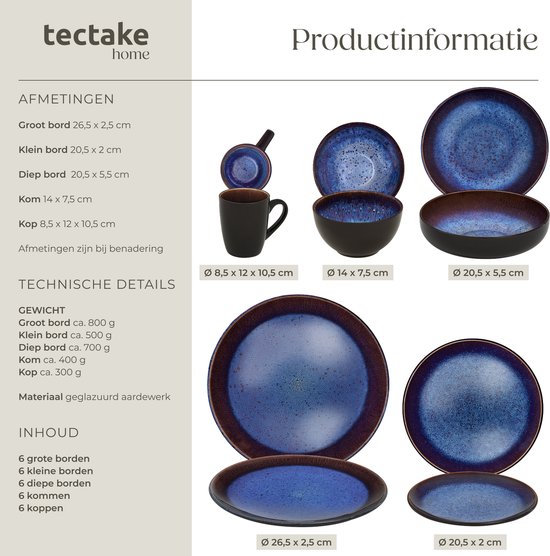 tectake® Serviesset Mare - 30-delig - Aardewerk met Glanzend Glazuur - 6 Persoons - Handgemaakt Servies - Moderne Bordenset met Grote en Kleine Borden, Kommen, Schaaltjes en Kopjes - Vaatwasser- en Magnetronbestendig - Blauw - Bruin — afbeelding 5