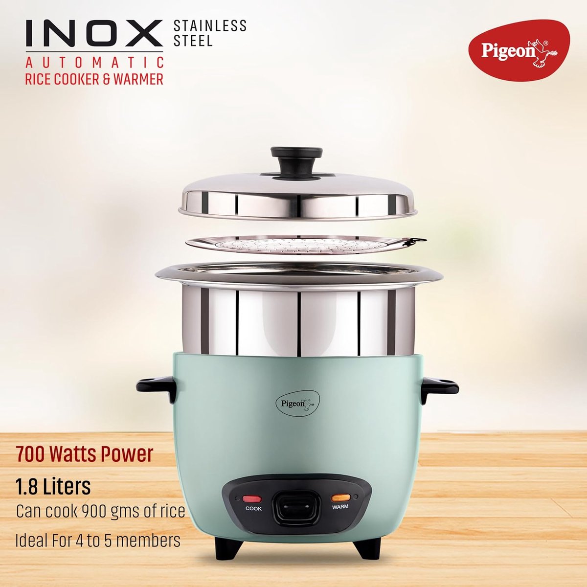 Pigeon Stainless Steel Automatic Electric Rice Cooker (Blue) (1.8L) thumbnail 5
