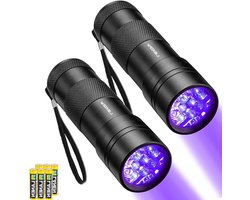 LEAGY 2-Pack 12 LED 395nm Mini UV Zaklampen met Batterijen - Huisdierurinedetector, voor Valsgelddetectie, Bankbiljetten, Documentverificatie, enz (Zwart)