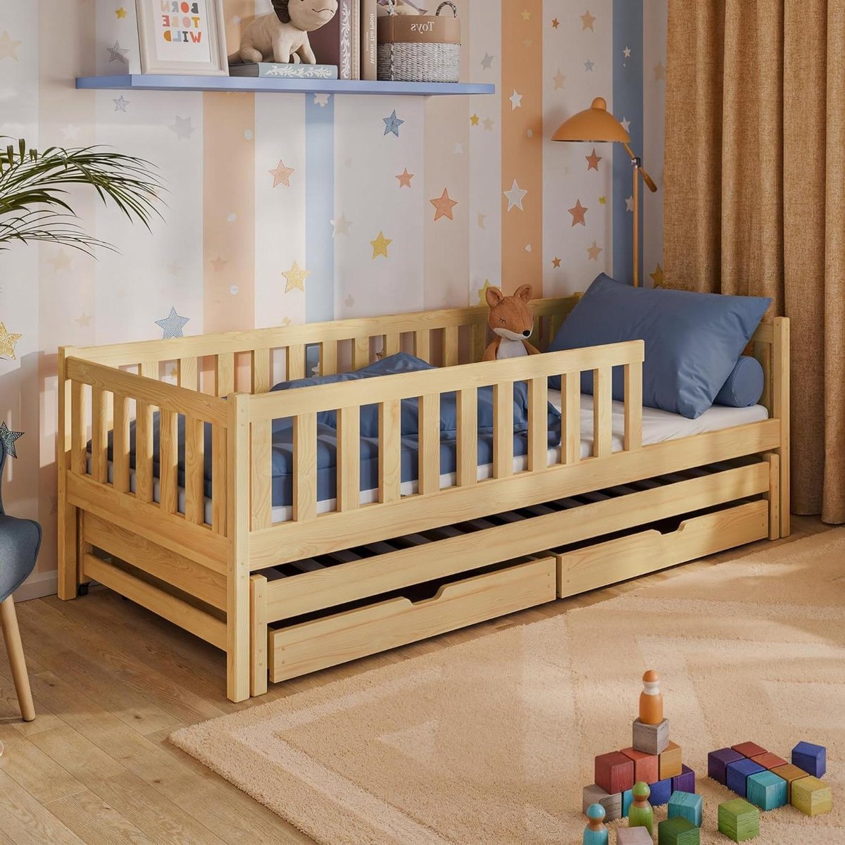 Kinderbed met uittrekbed - Logeerbed met lades - Ruimtebesparend wonen - 3-in-1 functie - 90x190 cm - Naturel
