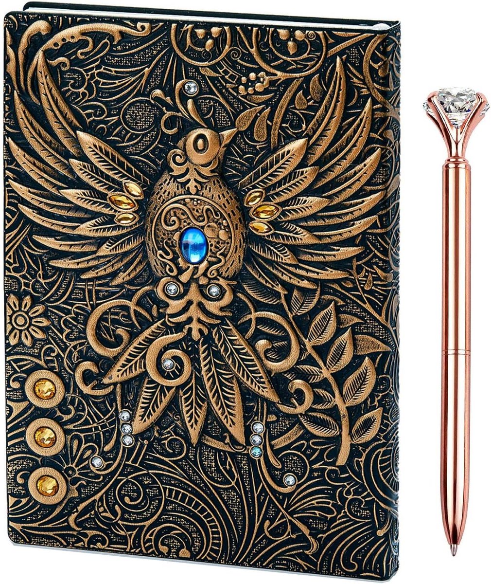 Leren Schrijfboek - Handgemaakt Notitieboek - Dagelijks Schrijven - Vintage Phoenix Design - 25.7 x 18.9 cm - Brons