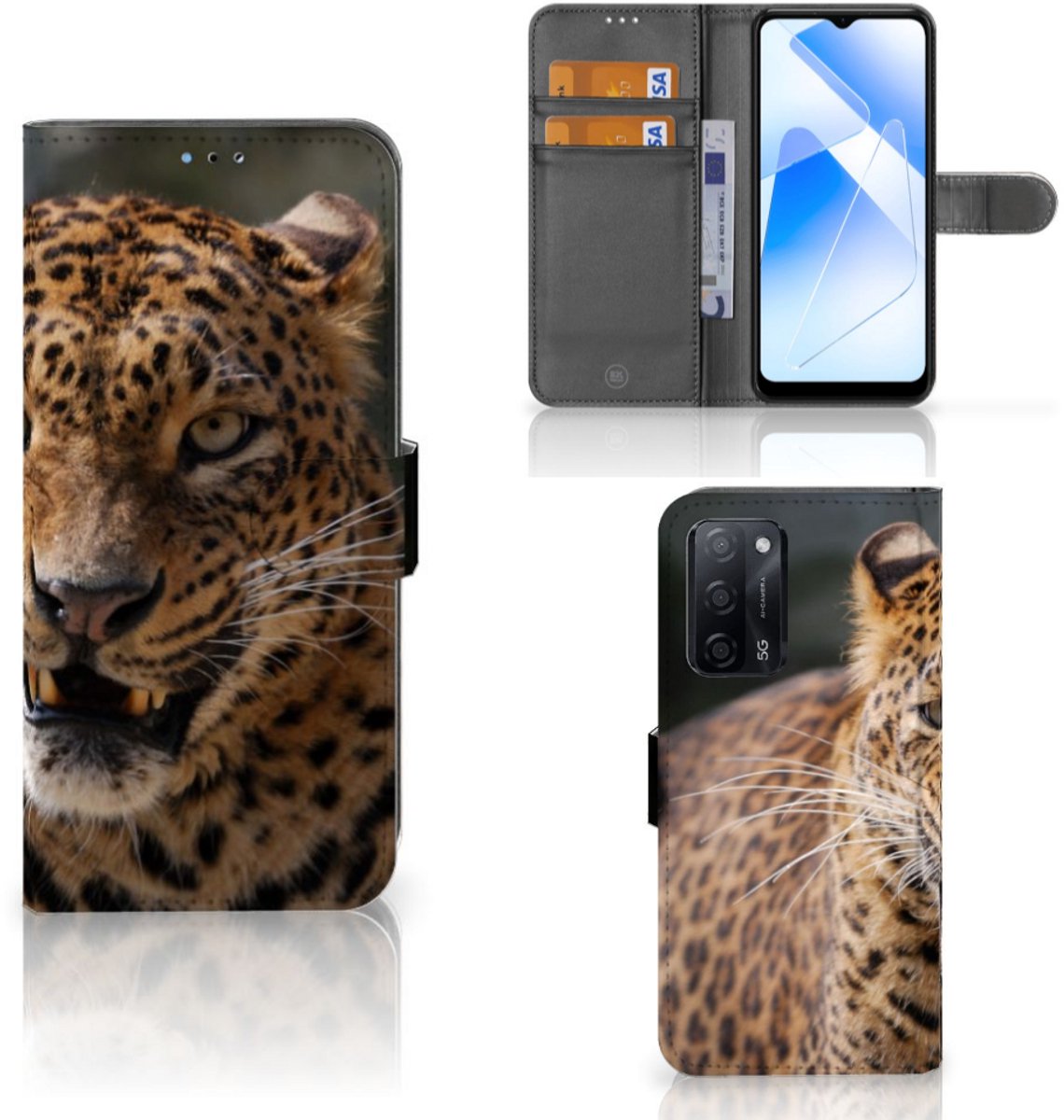 OPPO A16/A16s/A54s Telefoonhoesje met Pasjes Luipaard