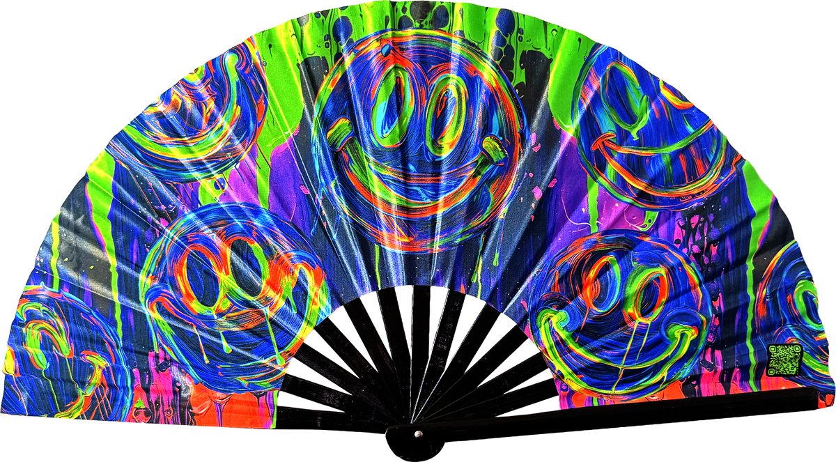 XXL festival waaier - Handwaaier - Spaanse waaier - Glow in the Dark - UV / Blacklight - Glowing effect - 62 x 32 cm - Bamboe - Acid paint dark
