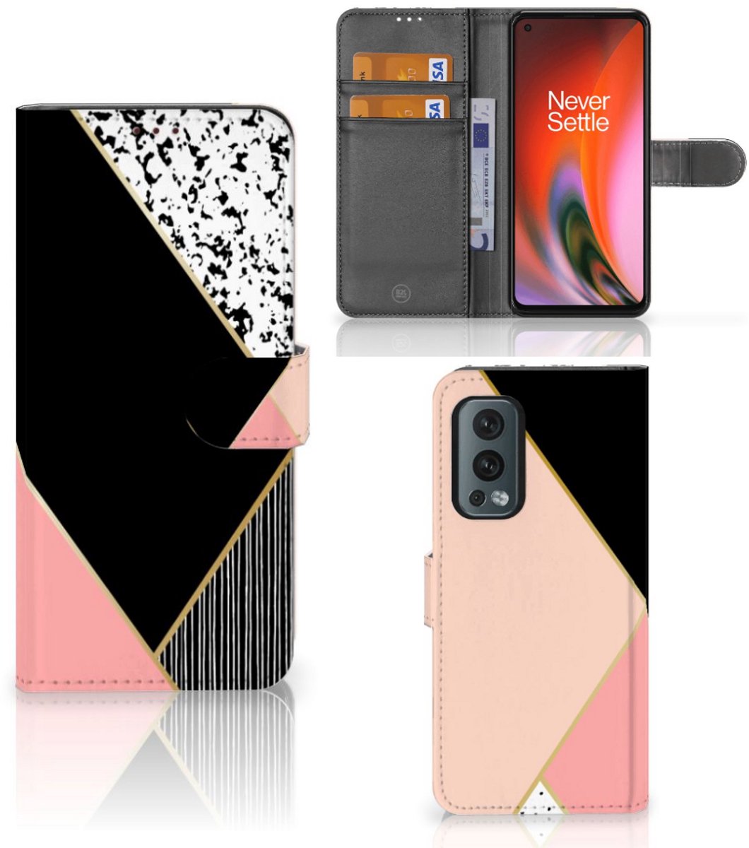 OnePlus Nord 2 5G Book Case Zwart Roze Vormen