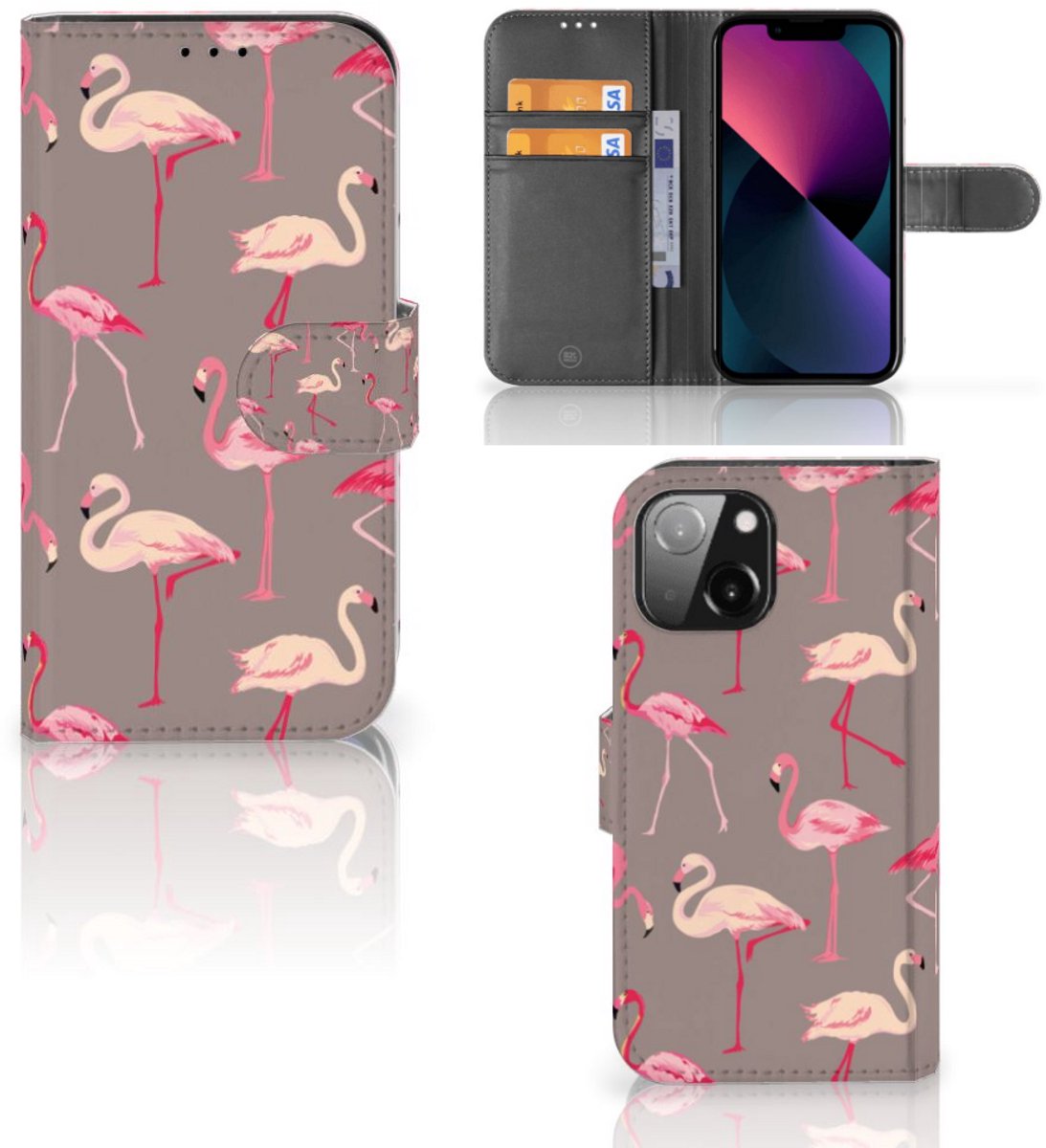 iPhone 13 Mini Telefoonhoesje met Pasjes Flamingo