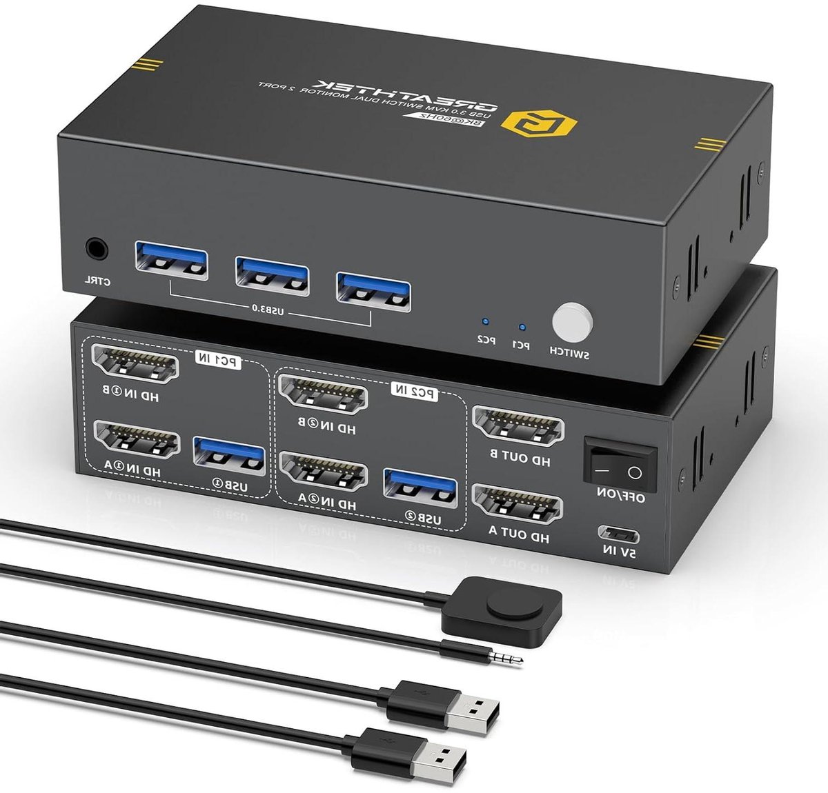 KVM Switch 2 PC - Dubbele Monitor Switch - Multitasking Efficiëntie - 8K 60Hz Resolutie - 3 USB 3.0 Poorten