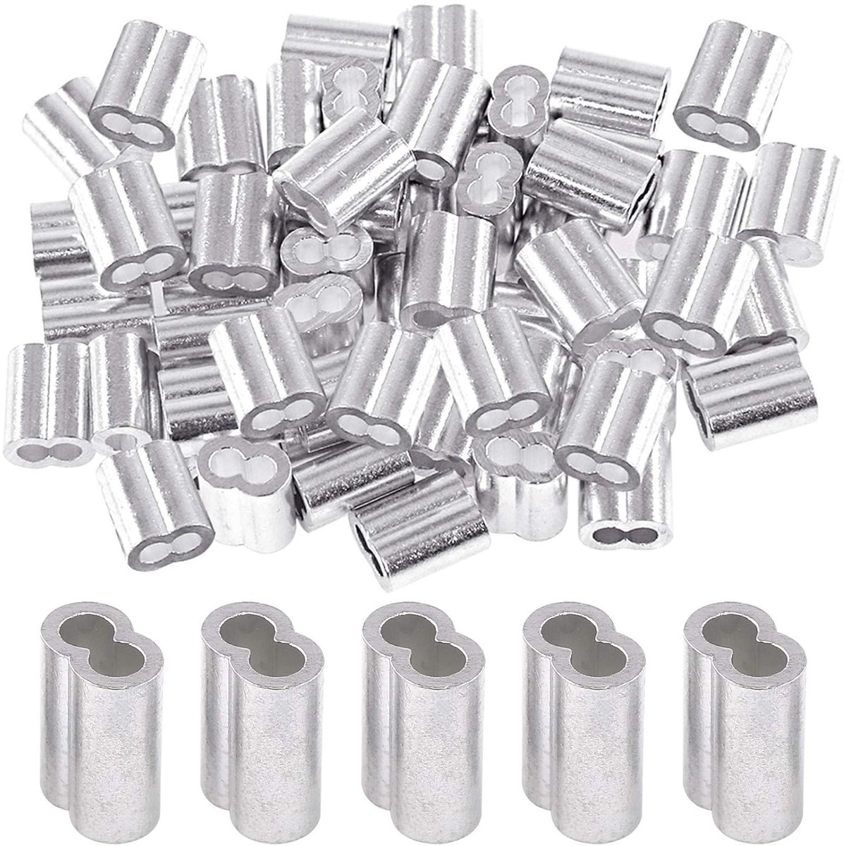 50 Stuks 3/16"(5mm) Aluminium Krimpkousen voor Draad en Kabel - Dubbele Cilinder Ferrules voor Betrouwbare Bevestiging