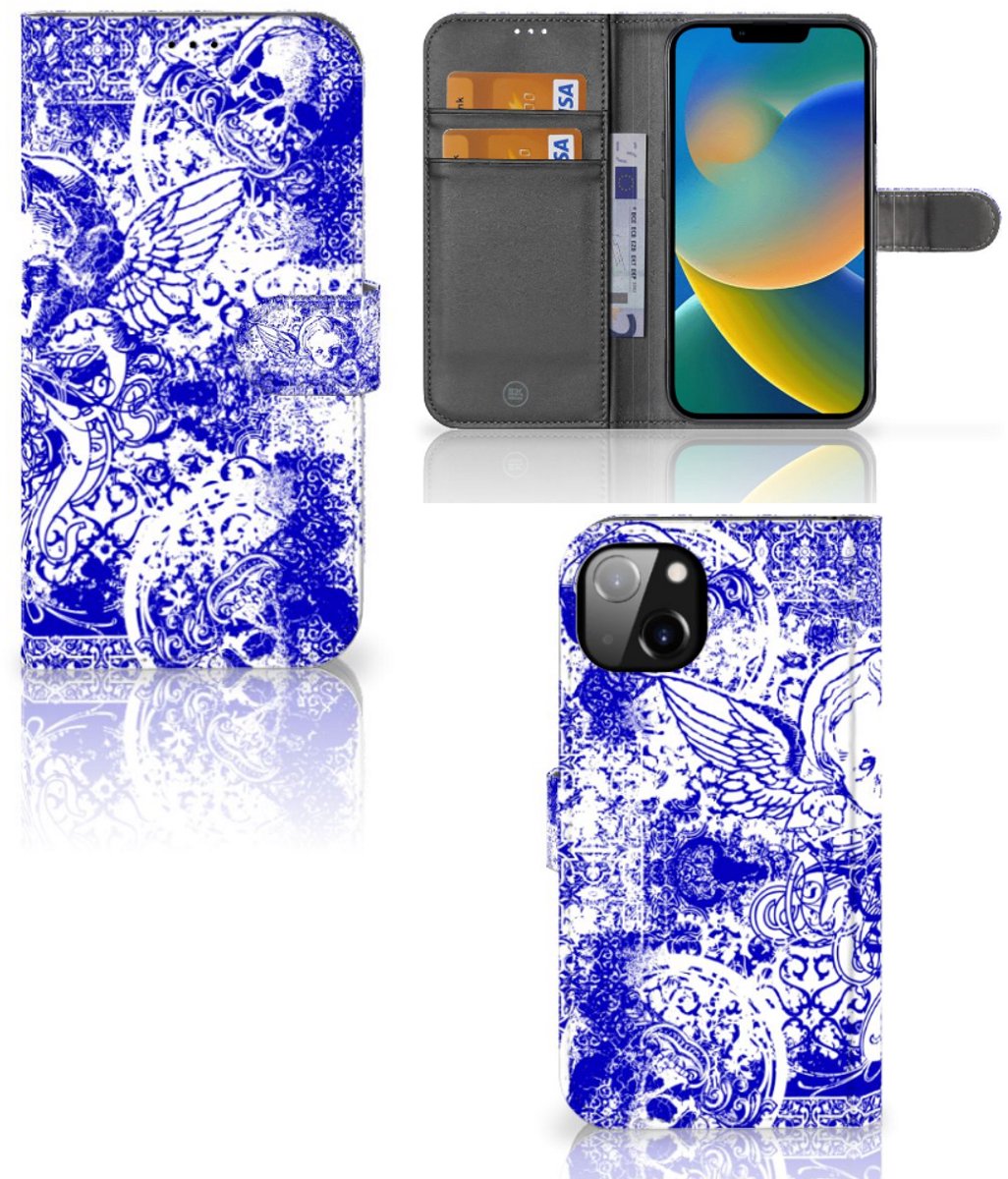 Telefoonhoesje met Naam iPhone 14 Plus Angel Skull Blauw