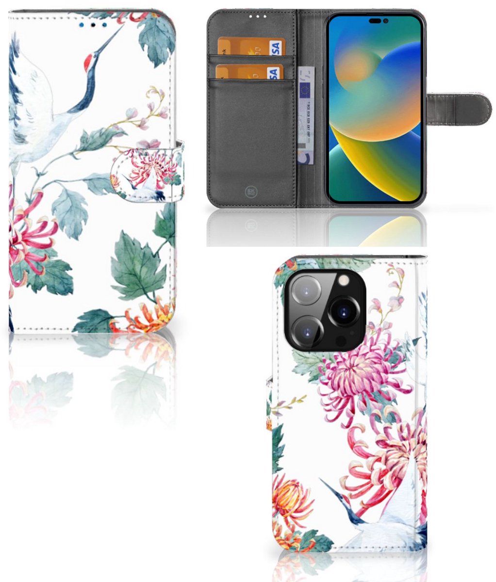 iPhone 14 Pro Telefoonhoesje met Pasjes Bird Flowers