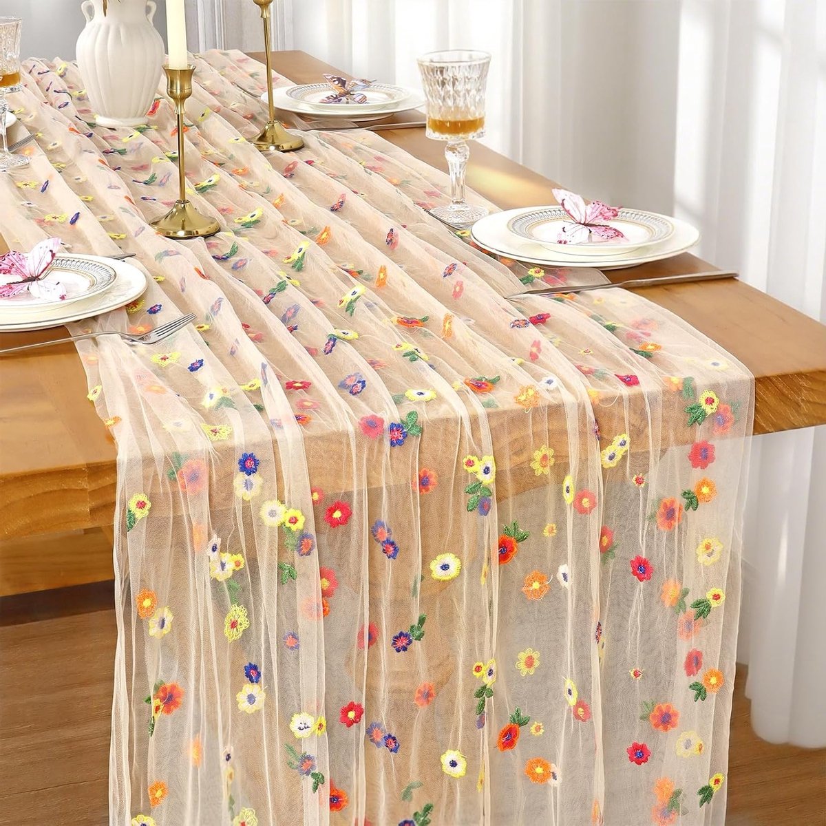 Floral Tafelkleed met Daisy Borduursel 75x300cm voor Bruiloft en Feestdecoratie, Boho Tafelrunner en Seizoensgebonden Tulle Decor