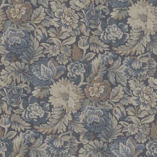 Gedetailleerd bloemenpatroon in grijs, blauw en beige tinten, met een vintage uitstraling.