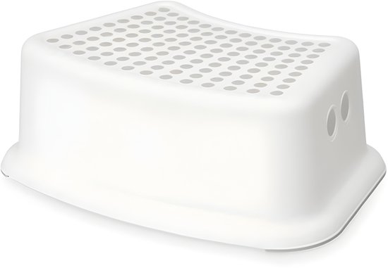 Petit marchepied blanc en plastique avec un dessus antidérapant et deux poignées pratiques sur les côtés.
