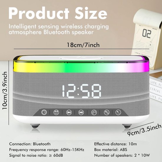 Digitale wekker, wekker met laadstation, radiowekker, radioklok, digitaal met bluetooth-luidspreker, 6 kleuren, nachtlampje, 15 W, draadloze oplader geschikt voor iPhone, Samsung — afbeelding 4