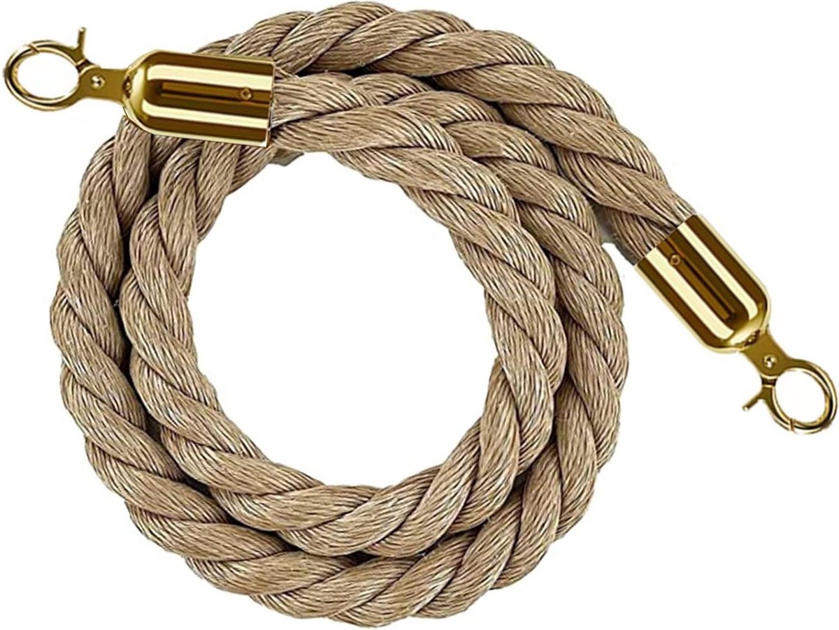 Barrièretouw met haken - Menigte scheidingslijn - Evenementen wachtrijen - Gevlochten hennep design - 32 mm diameter - Natuurlijk bruin