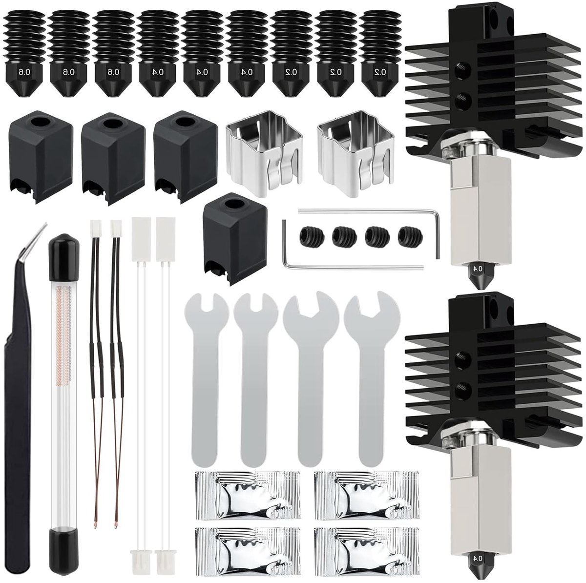 2 Stuks Hotend met 0.2/0.4/0.6mm Verstevigde Stalen Mondstuk, Silicone Sok, Thermistor en Reinigingsnaalden voor 3D Printer X1/X1C (60 Stuks)