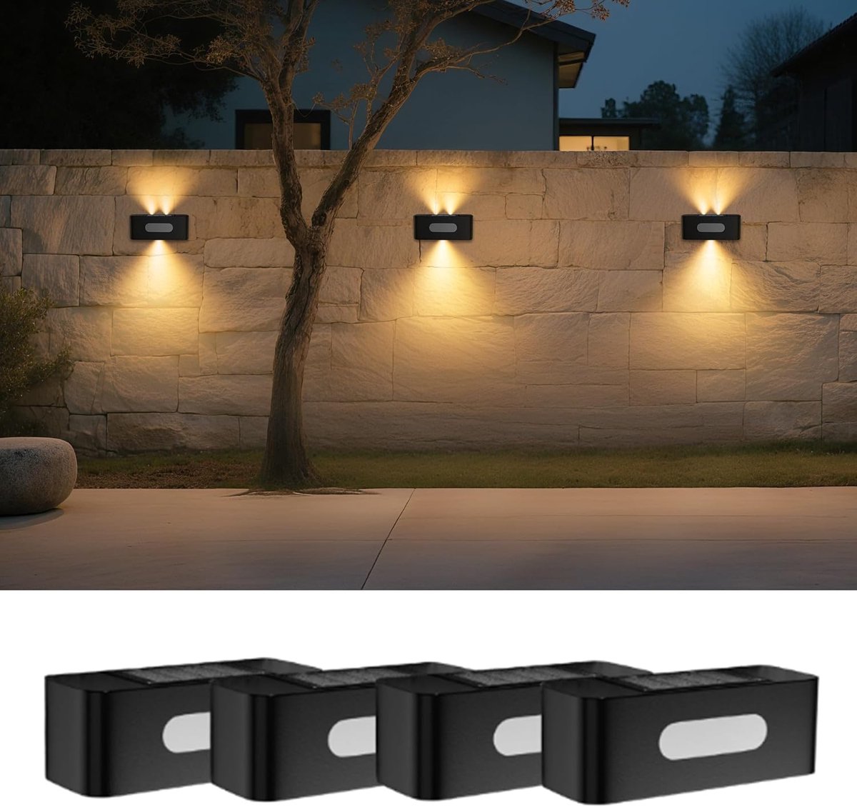 Solar hekverlichting (4 stuks), waterdichte verticale buitenverlichting, geschikt voor gebruik buitenshuis, in tuinen, op looppaden, bij deuren, veranda's en terrassen - (warm wit)